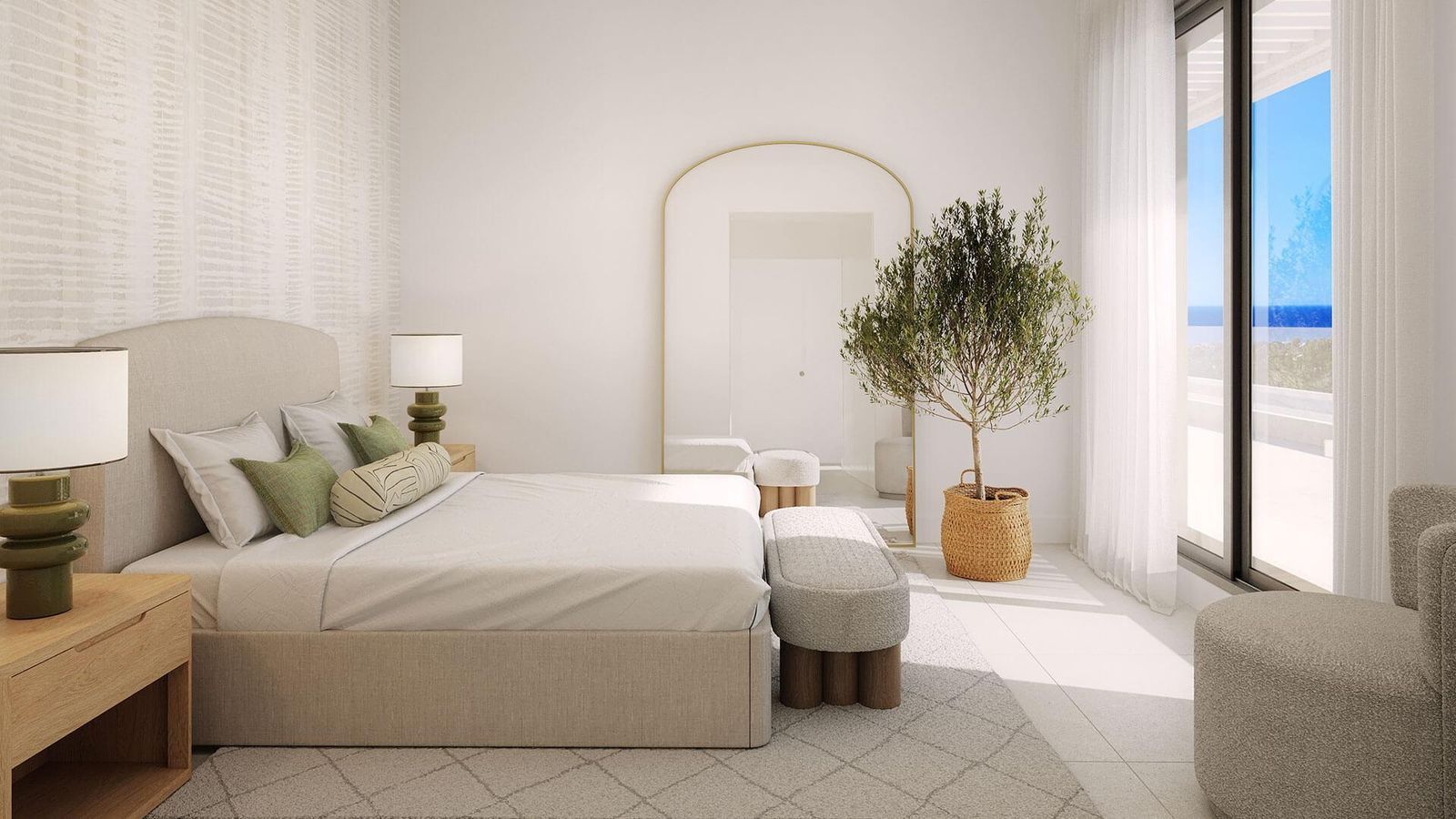 Moderne slaapkamer met lichte en luchtige inrichting en een groot raam.