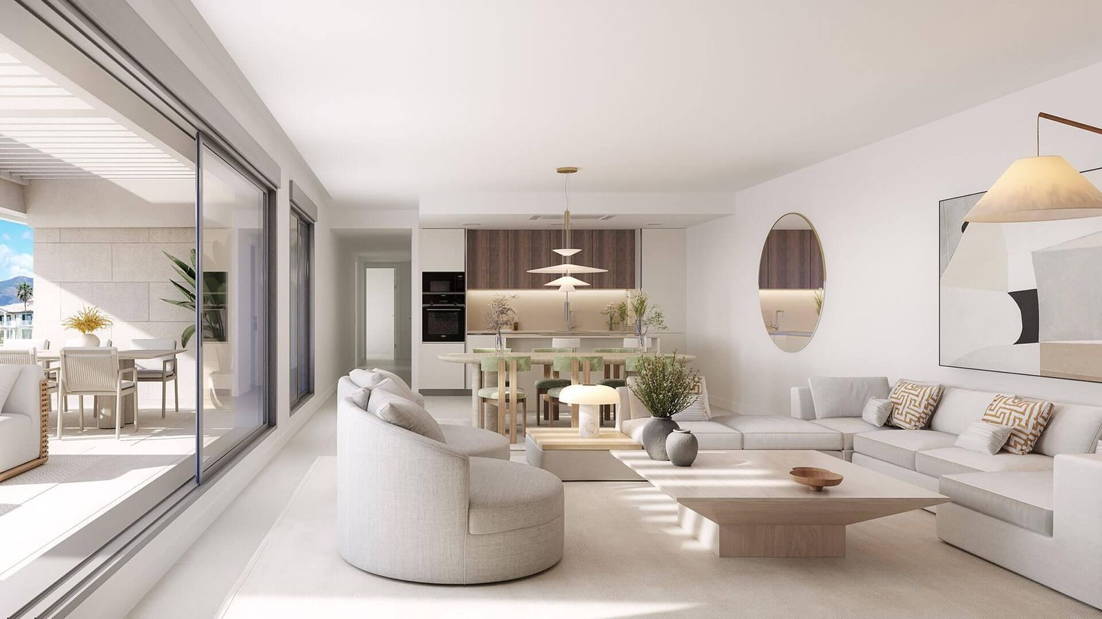 Moderne open woonkamer met keuken en terras